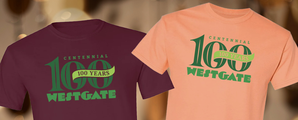 Picture of two t-shirts with the Westgate 100 Year logo on the front