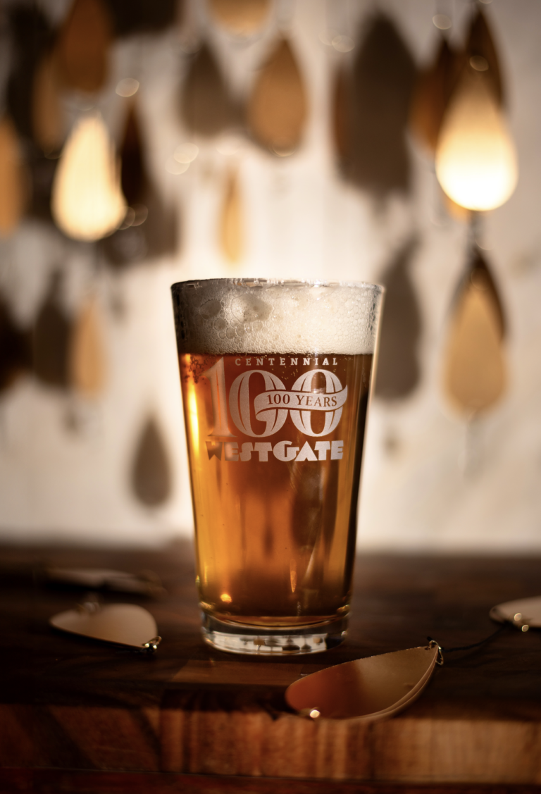 Image of the Westgate Centennial Pint Glass with etched logo.